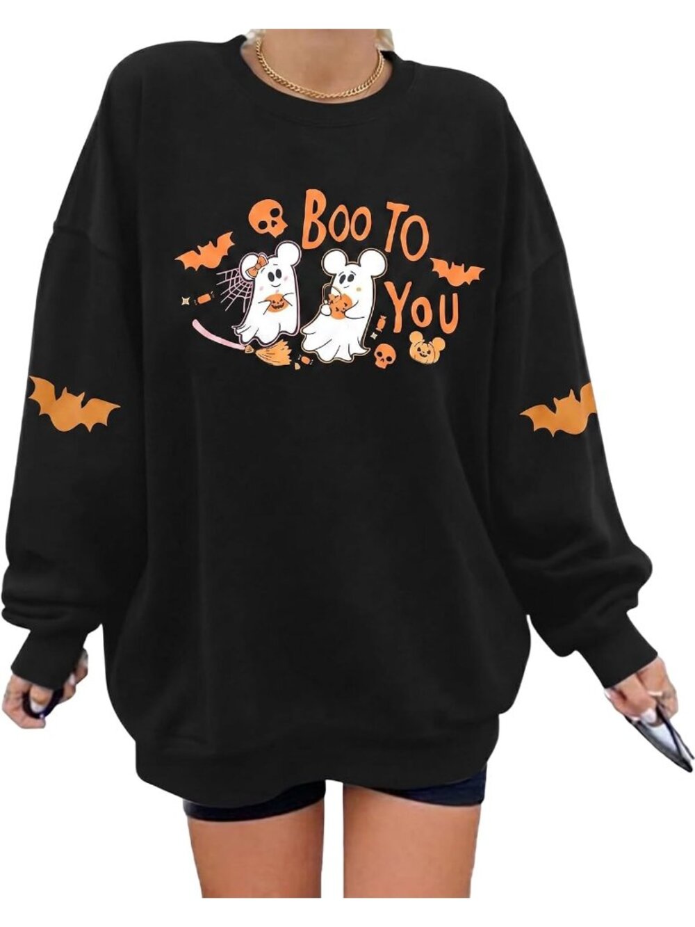 🆕 Women Black Boo To You Halloween Ghost Graphic Oversized Crewneck Sweatshirt